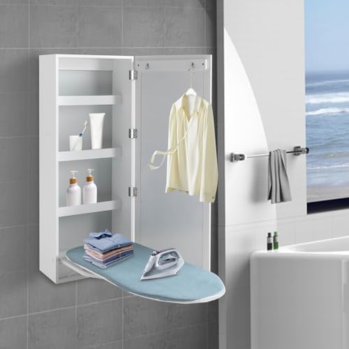 Wall-Mounted Swivel Ironing Board with Storage and Mirror