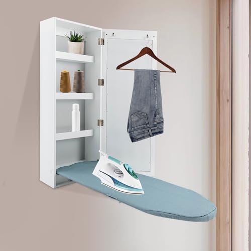 Wall Mounted Ironing Board with Storage Cabinet and Mirror