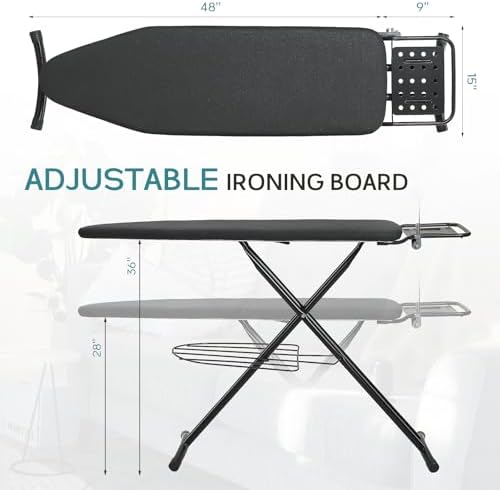 Premium Heavy Duty 48x15 Ironing Board with Adjustability and Storage