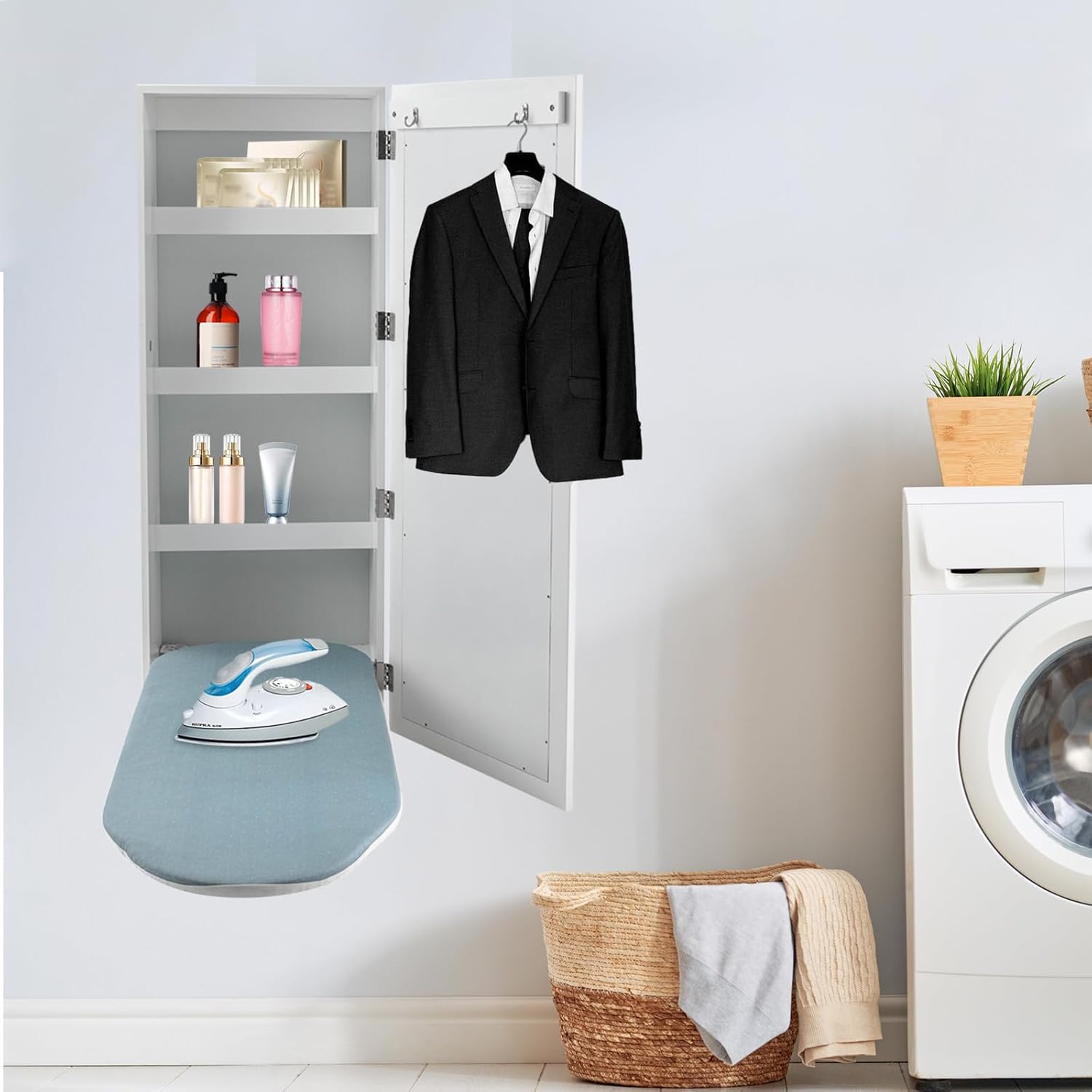 Que Foldable Wall-Mounted Ironing Board Cabinet with Mirror