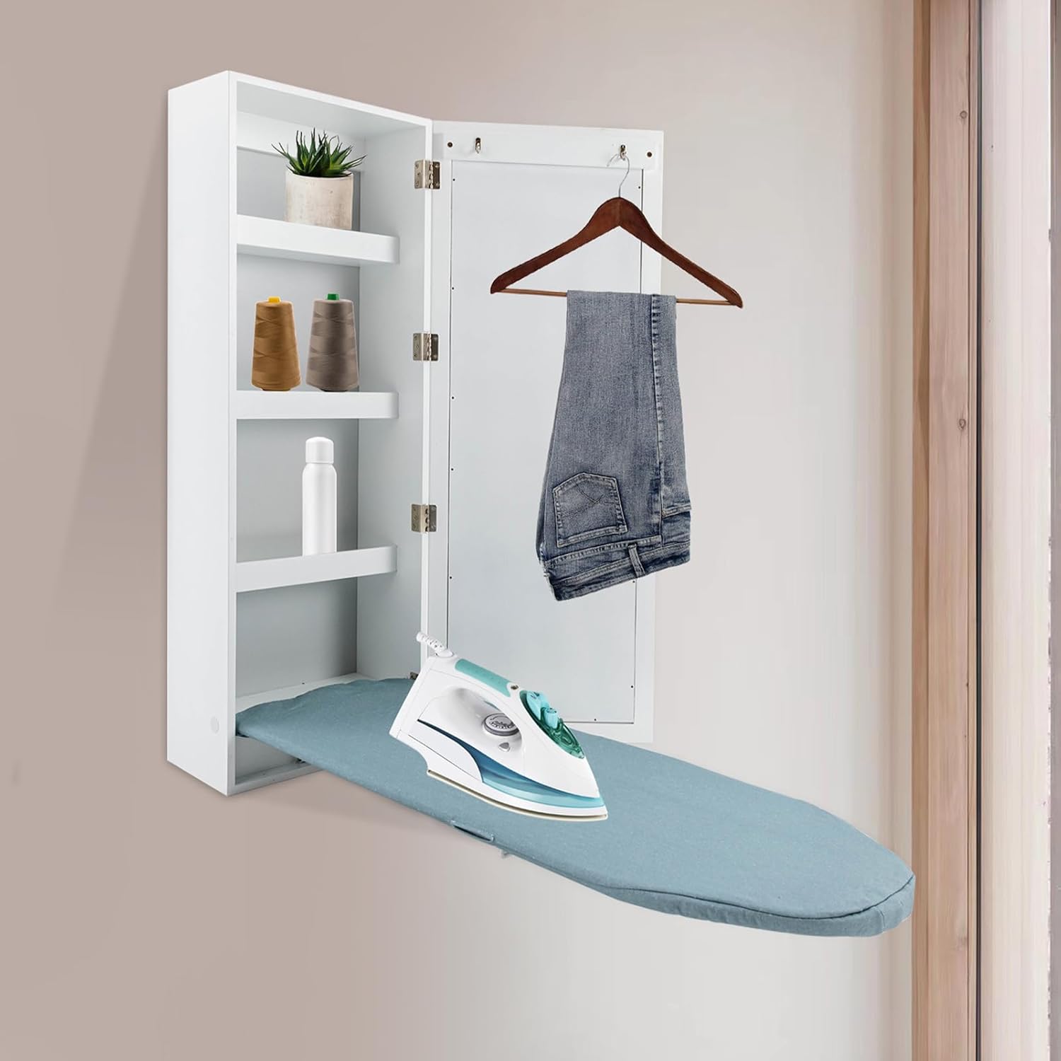 Wall Mounted Ironing Board with Storage Cabinet and Mirror