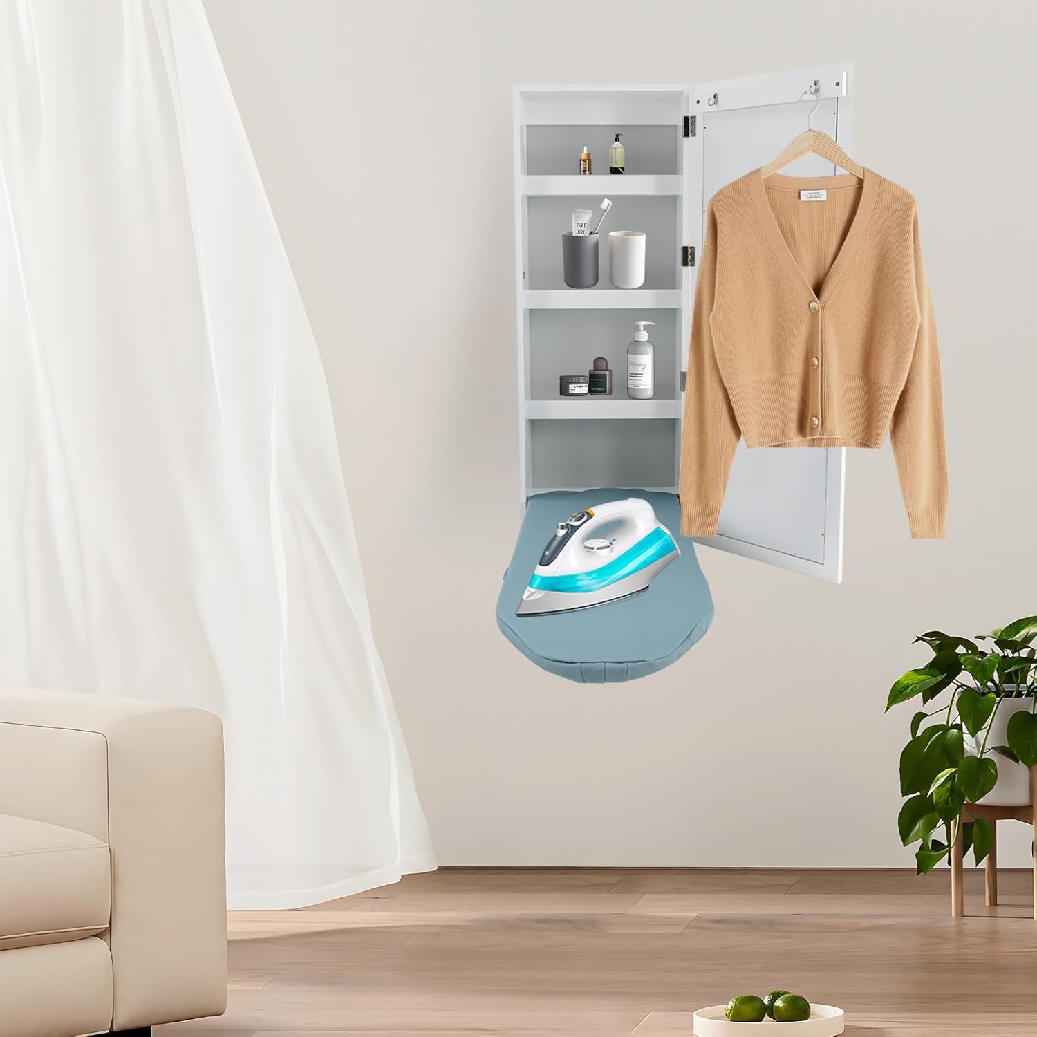 Wall Mounted Ironing Board with Storage Cabinet and Mirror