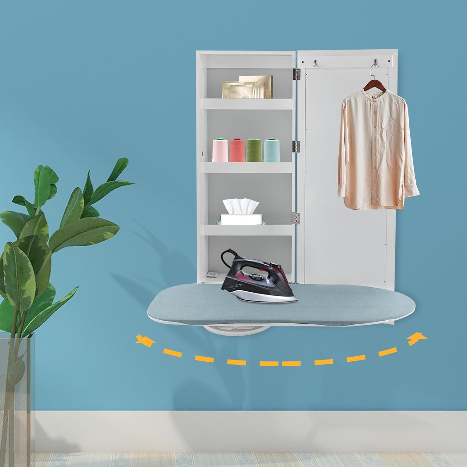 Que Foldable Wall-Mounted Ironing Board Cabinet with Mirror