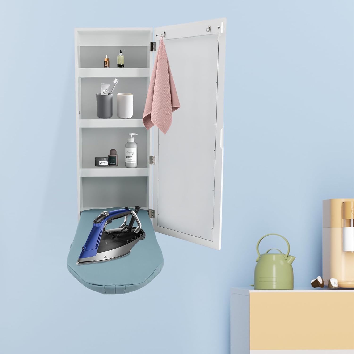 Wall Mounted Ironing Board with Storage Cabinet and Mirror