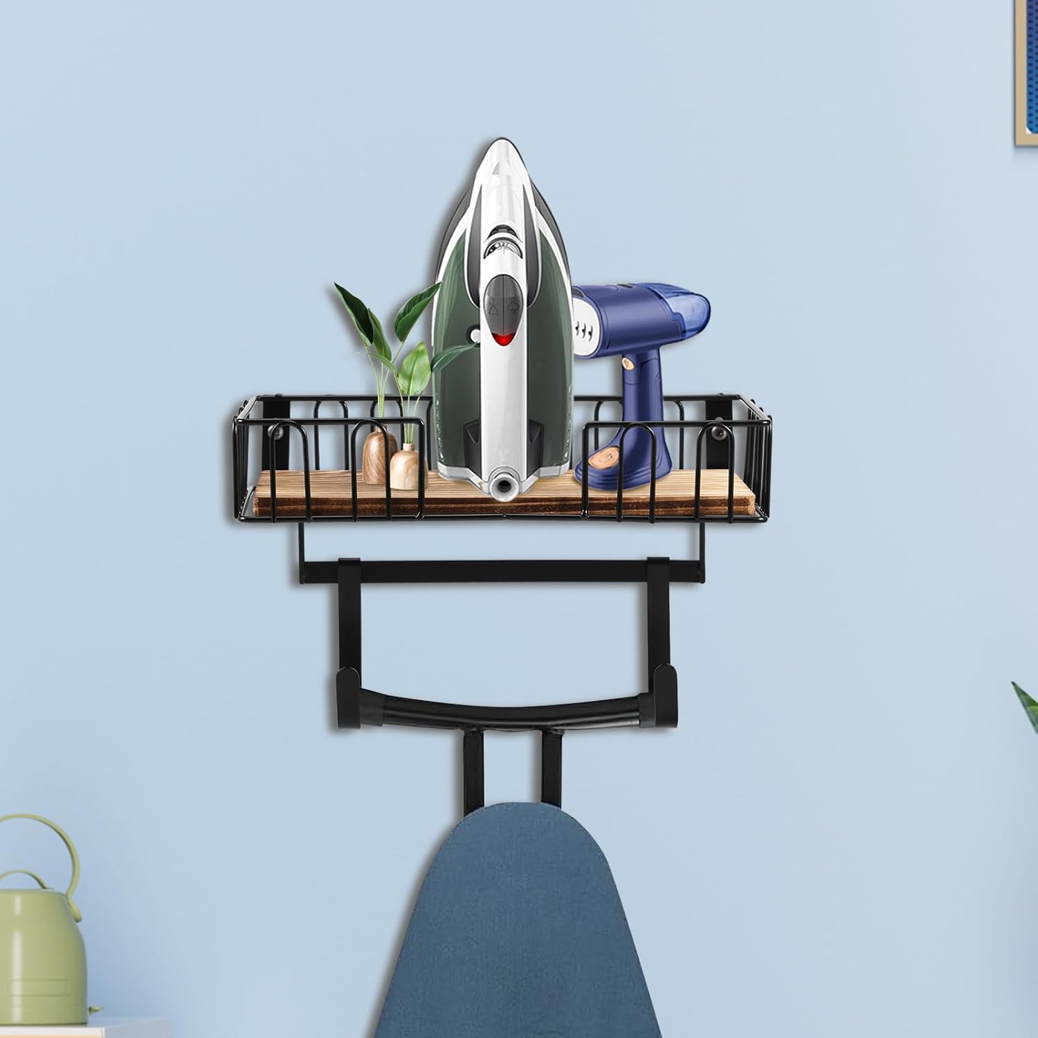 Ironing Board Holder with Wood Base for Efficient Storage