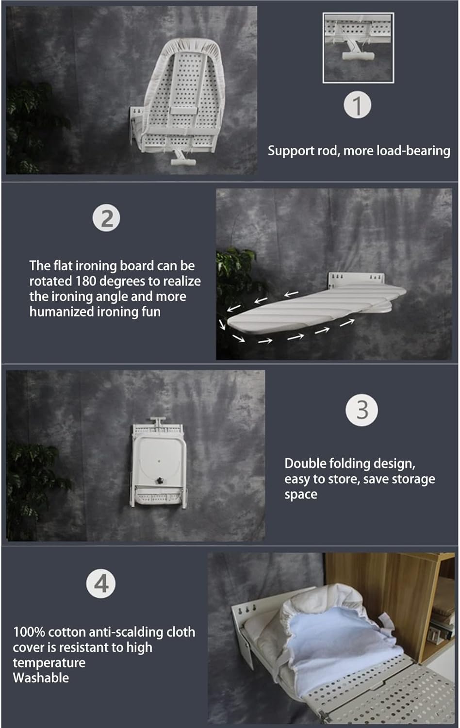 Sturdy Folding Ironing Board Wall-Mounted Compact Durable Grey