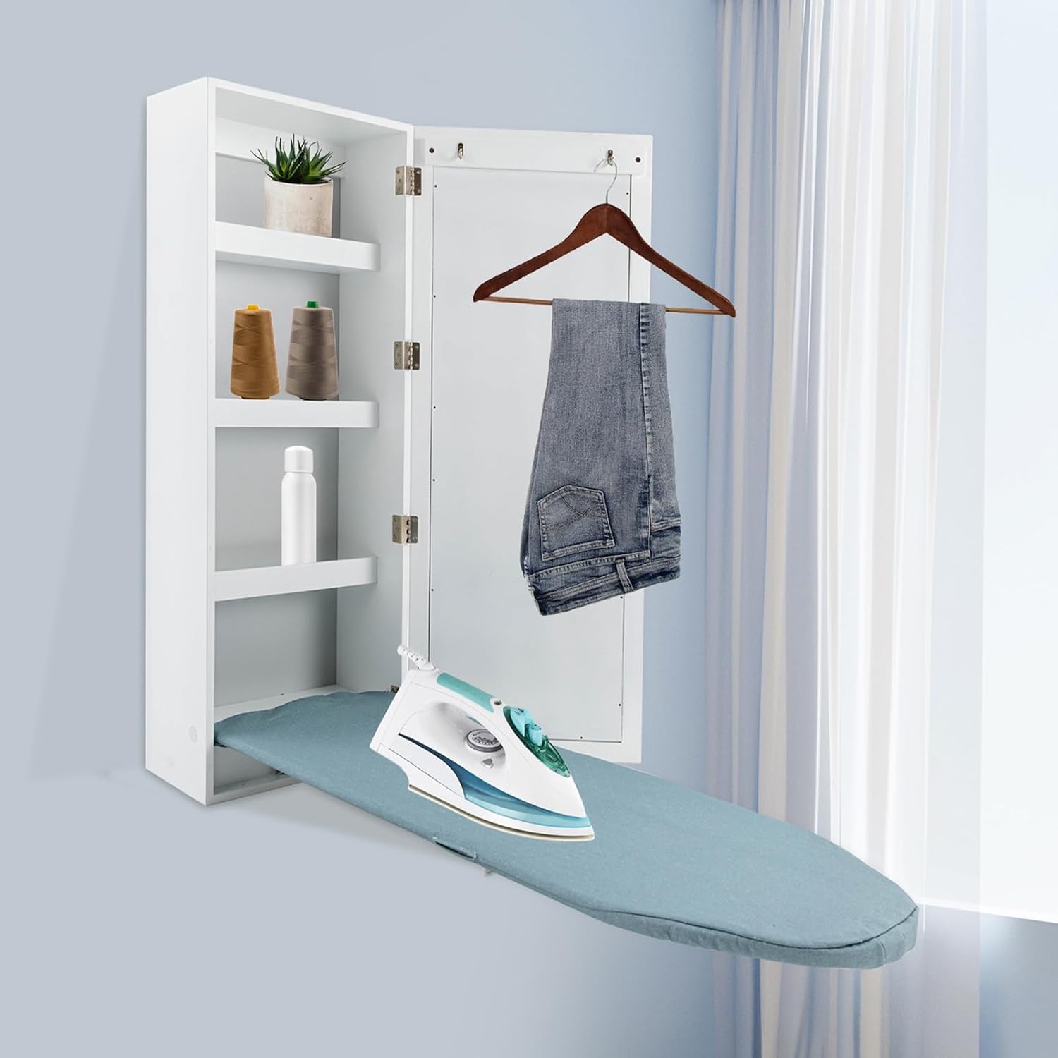Wall Mounted Ironing Board with Storage Cabinet and Mirror