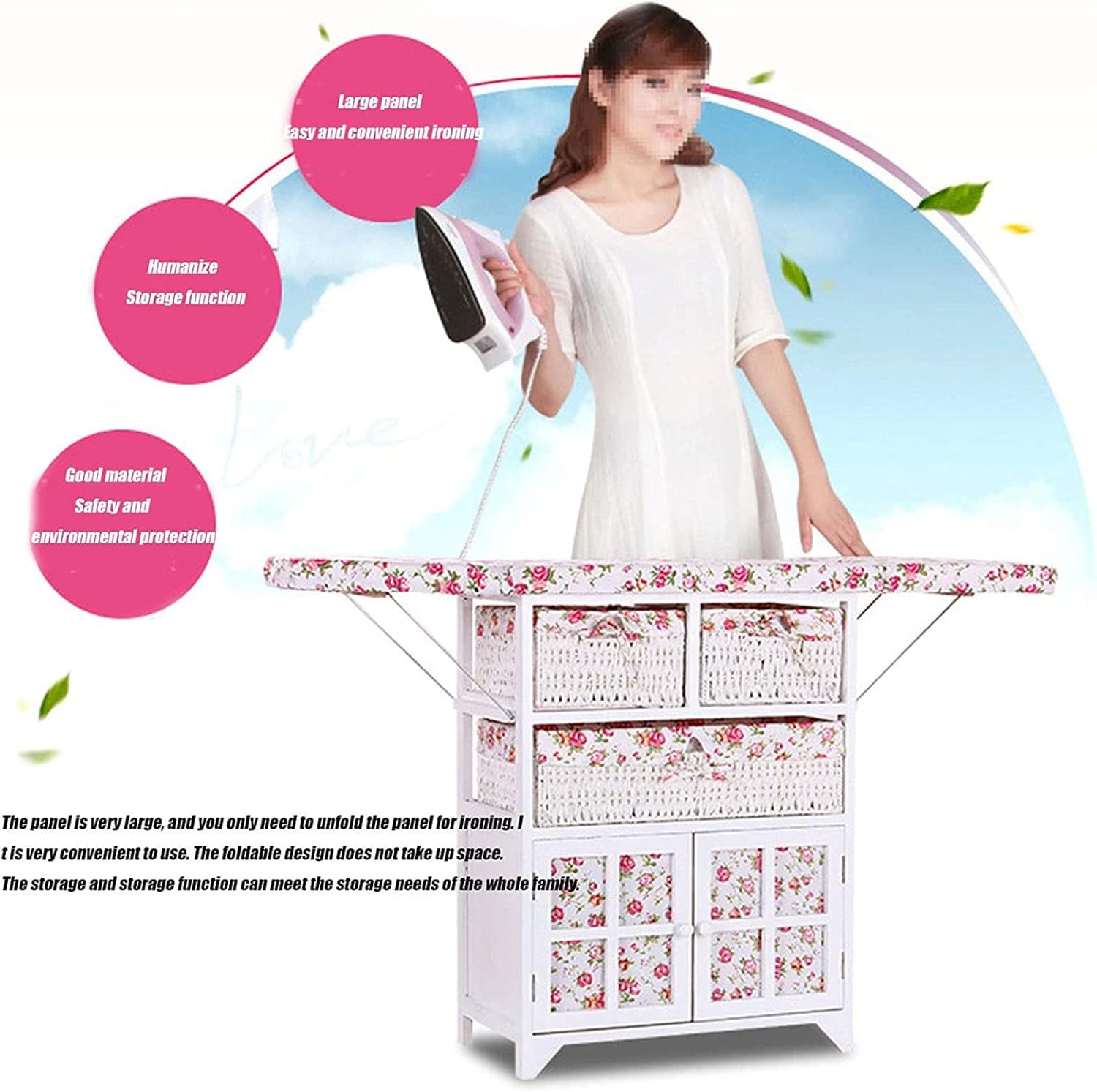 Creative Folding Ironing Board with Solid Wood and Storage Baskets