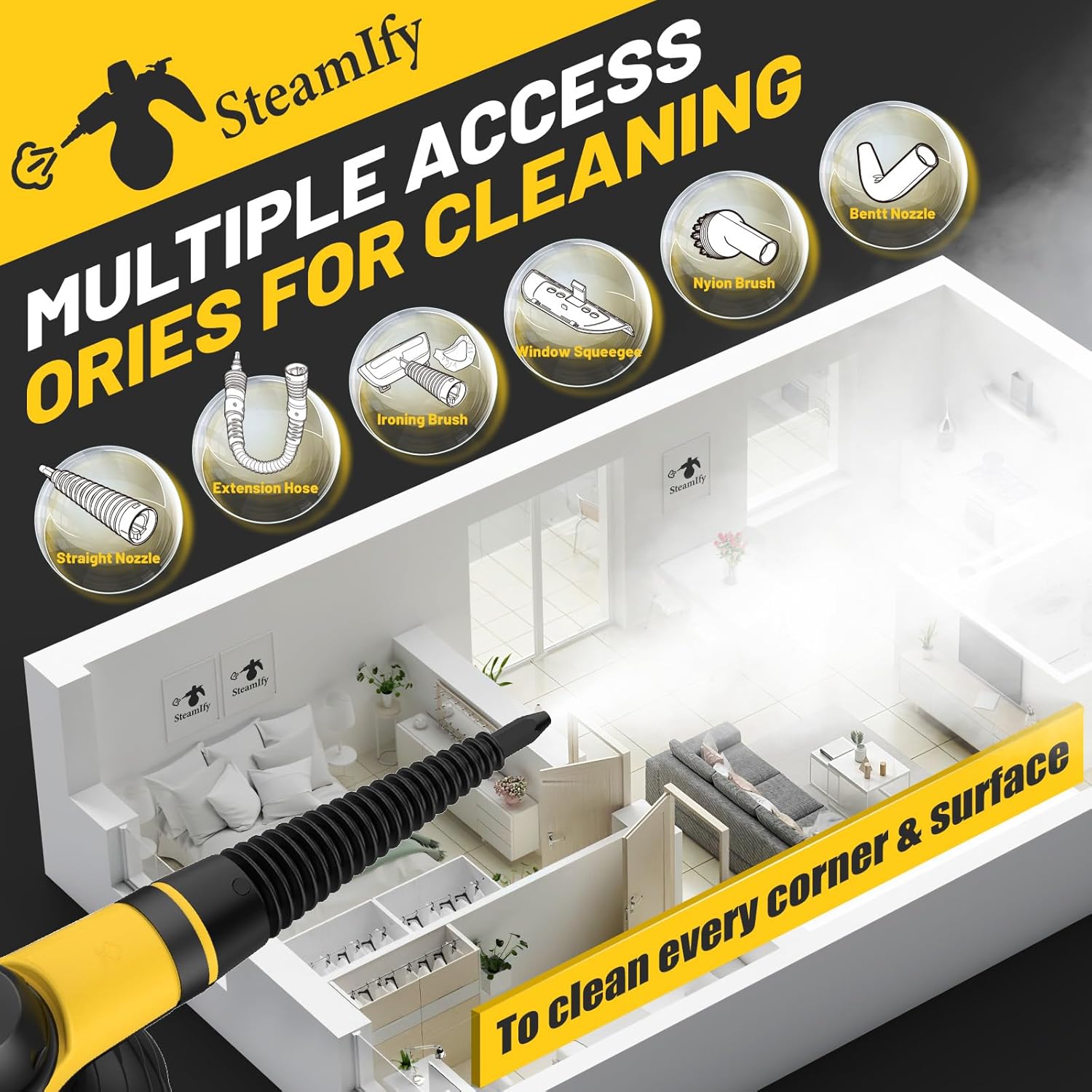 STEAMIFY Pressurized Handheld Steam Cleaner with 10pcs Accessories Safety Lock 1