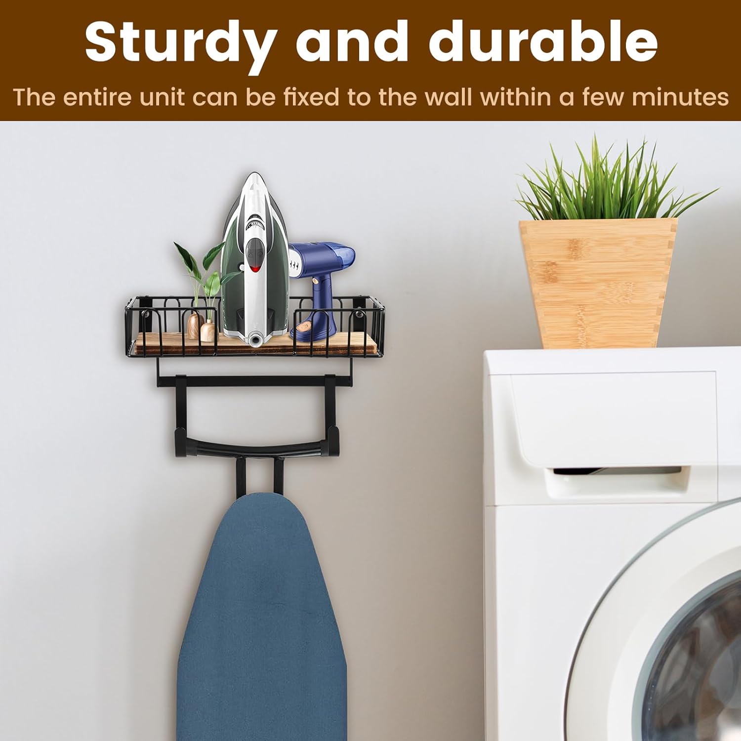 Ironing Board Holder with Wood Base for Efficient Storage