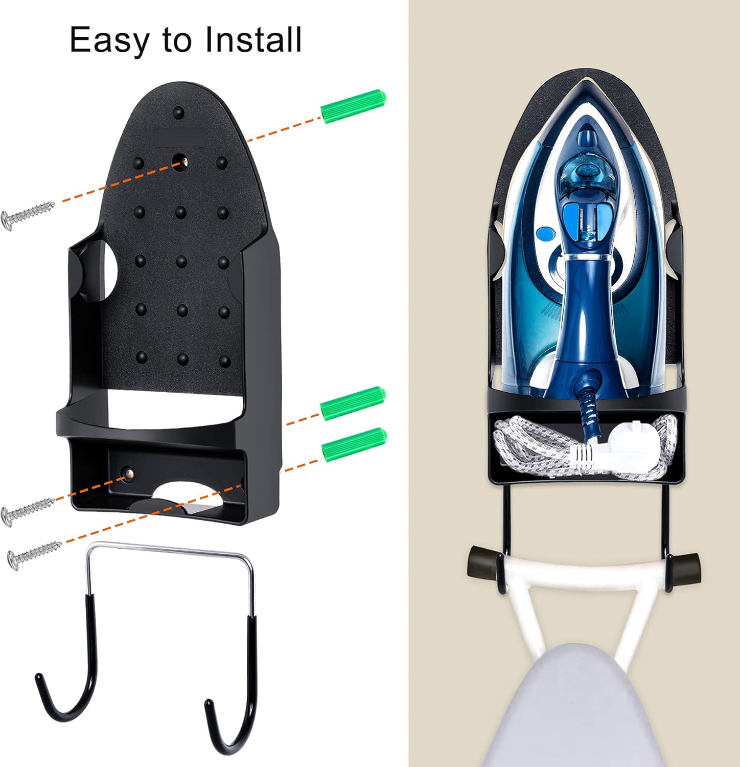 Ironing Board Hanger - Heat Resistant Wall-Mounted Organizer Black