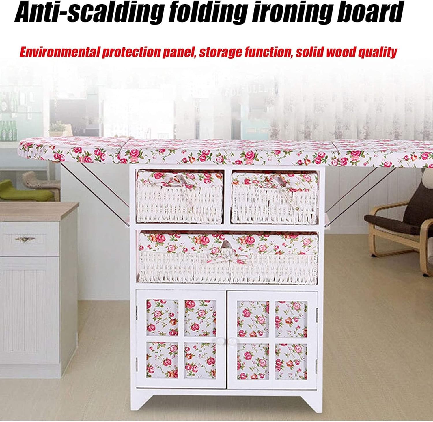 Creative Folding Ironing Board with Solid Wood and Storage Baskets