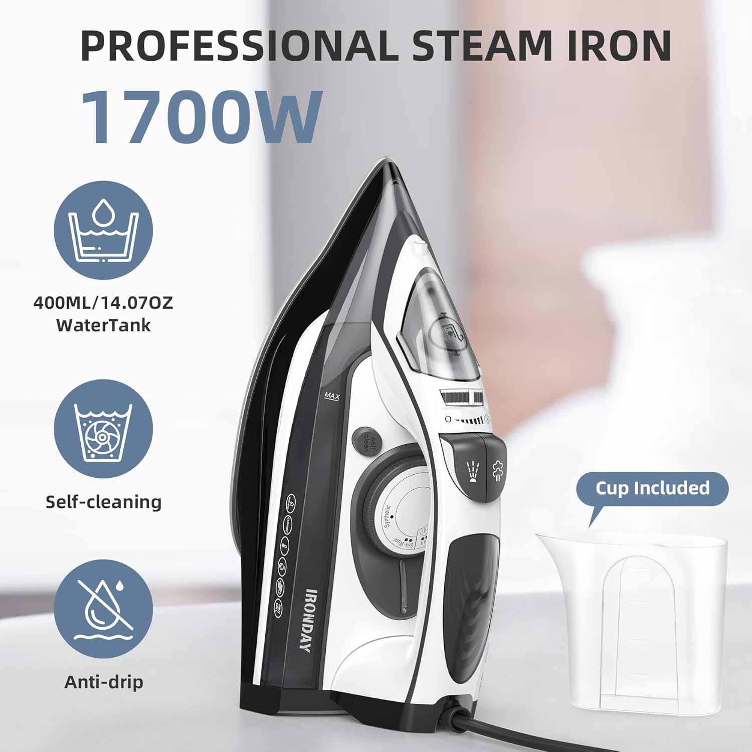 IRONDAY 1700W Steam Iron with Ceramic Soleplate and Auto-Off