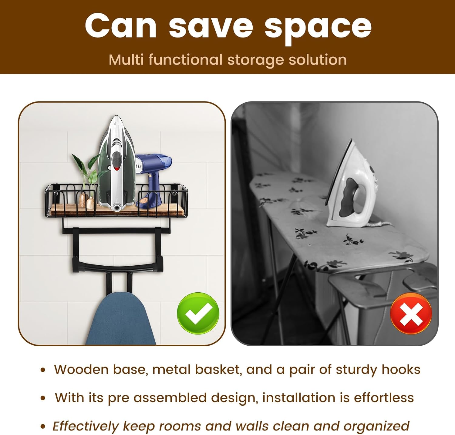 Ironing Board Holder with Wood Base for Efficient Storage