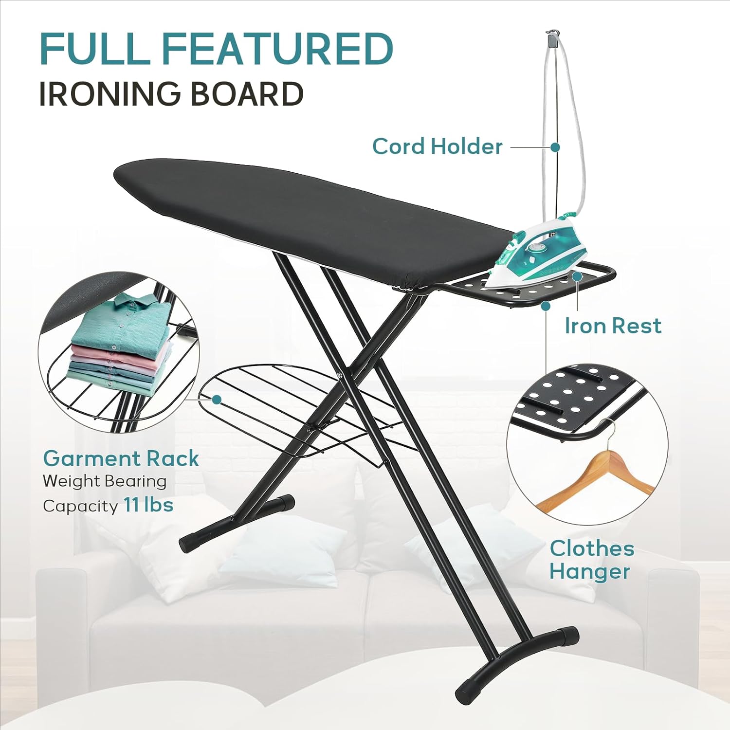 Premium Heavy Duty 48x15 Ironing Board with Adjustability and Storage