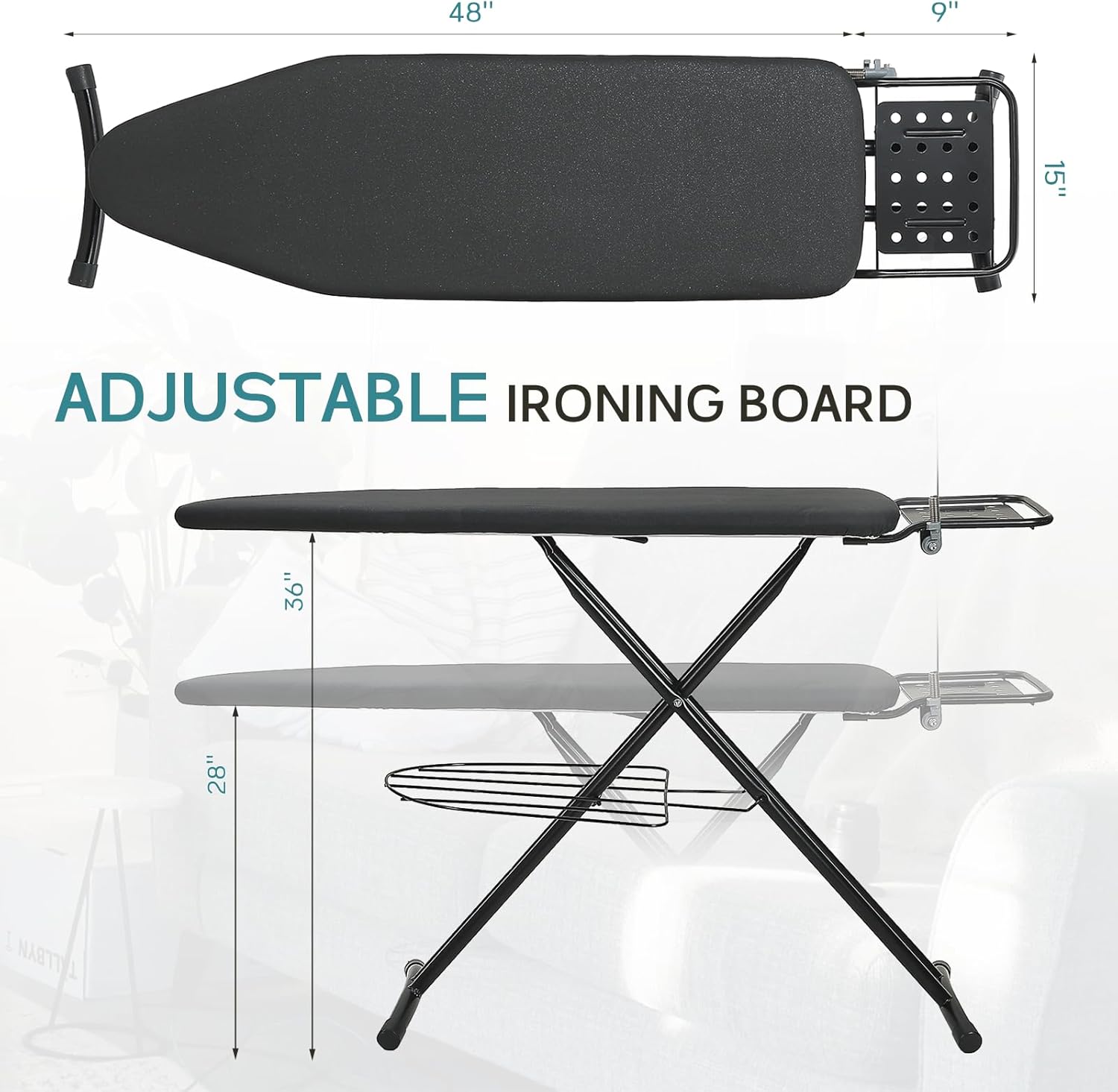 Premium Heavy Duty 48x15 Ironing Board with Adjustability and Storage
