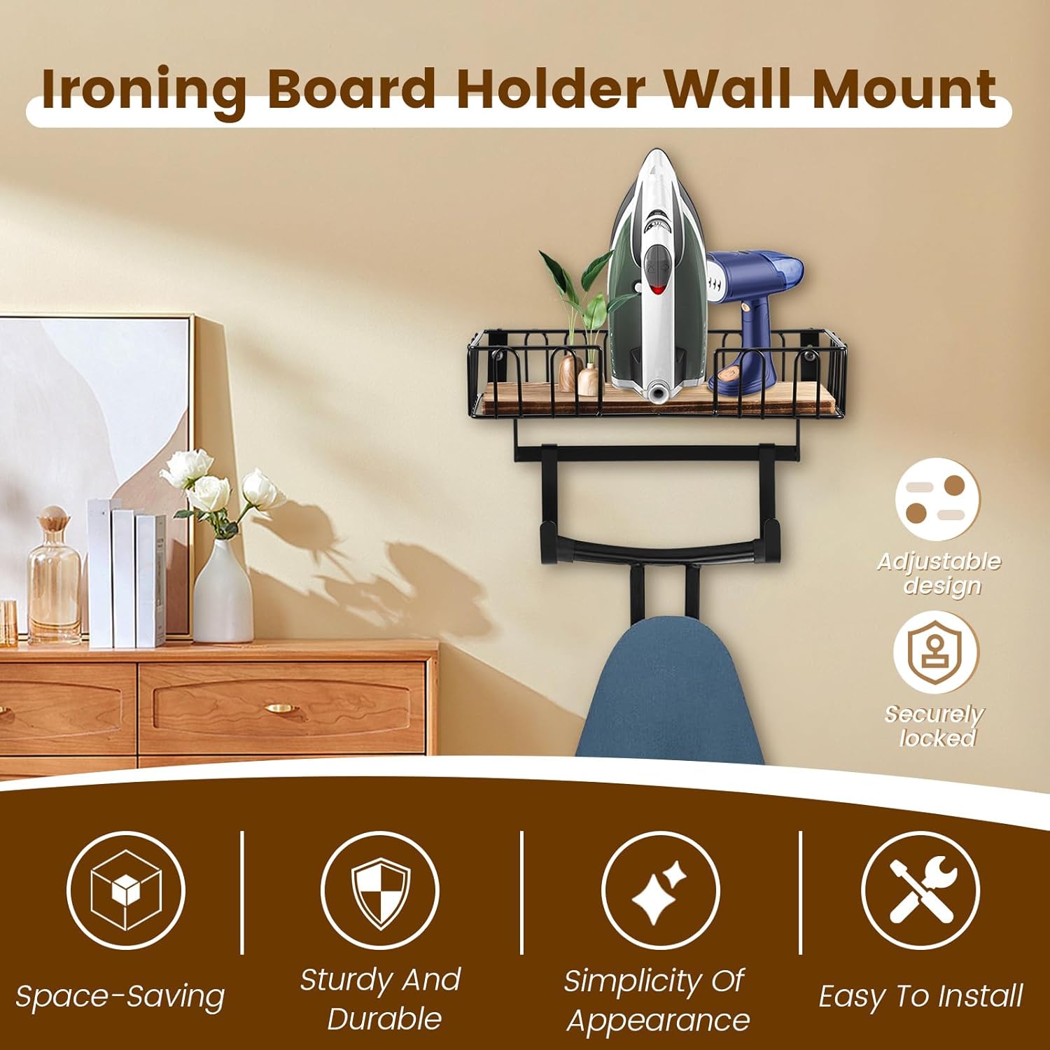 Ironing Board Holder with Wood Base for Efficient Storage