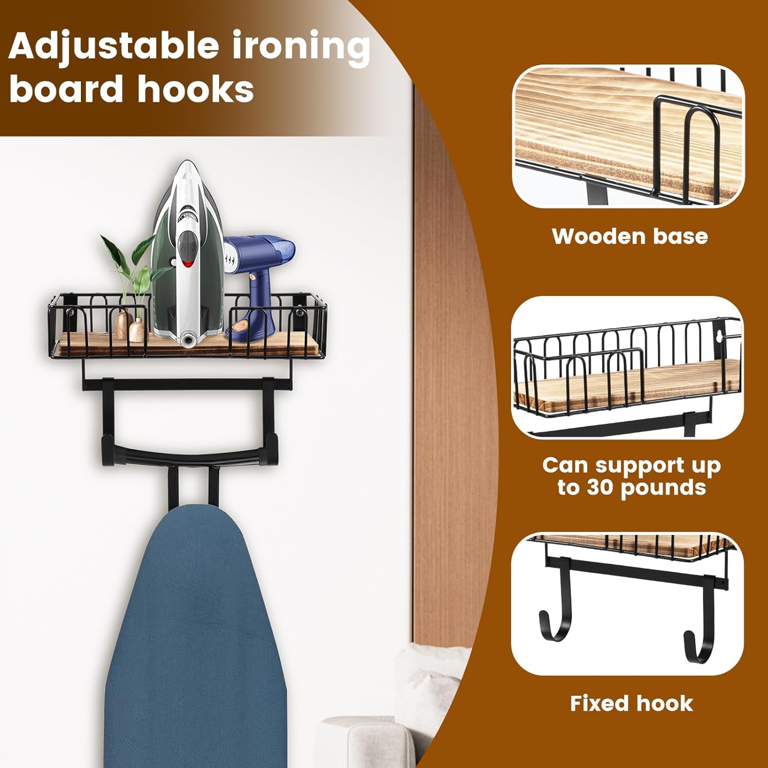 Ironing Board Holder with Wood Base for Efficient Storage
