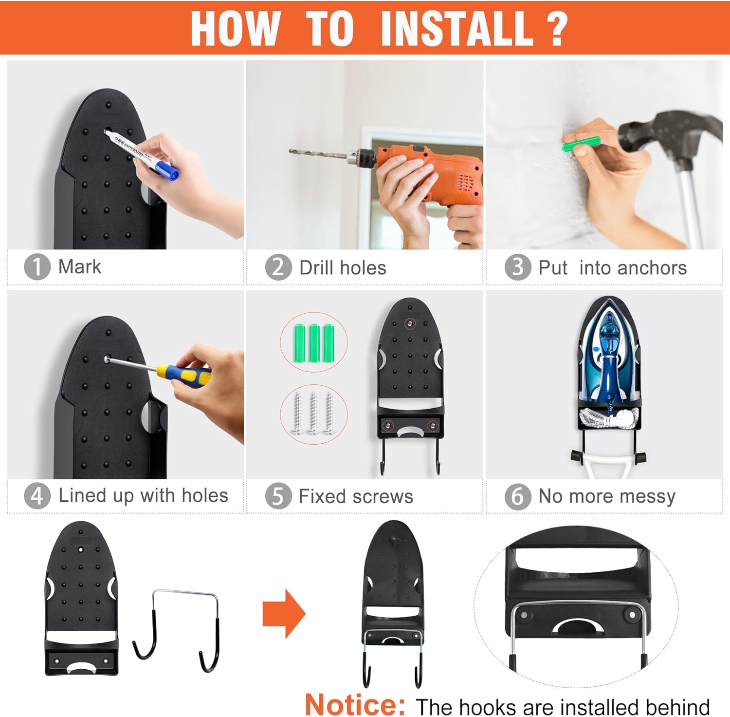 Ironing Board Hanger - Heat Resistant Wall-Mounted Organizer Black