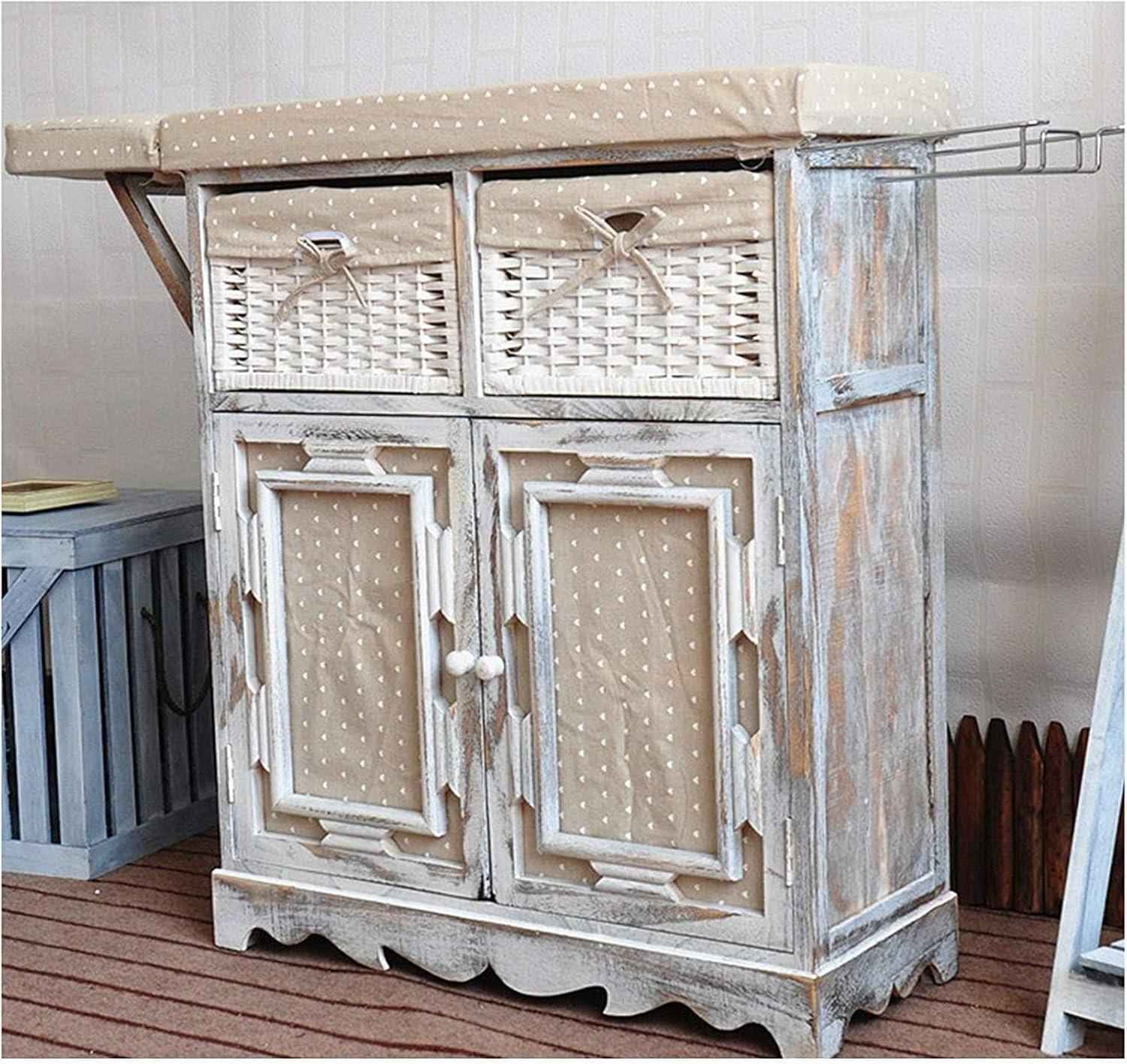 Creative Folding Ironing Board with Solid Wood and Storage Baskets