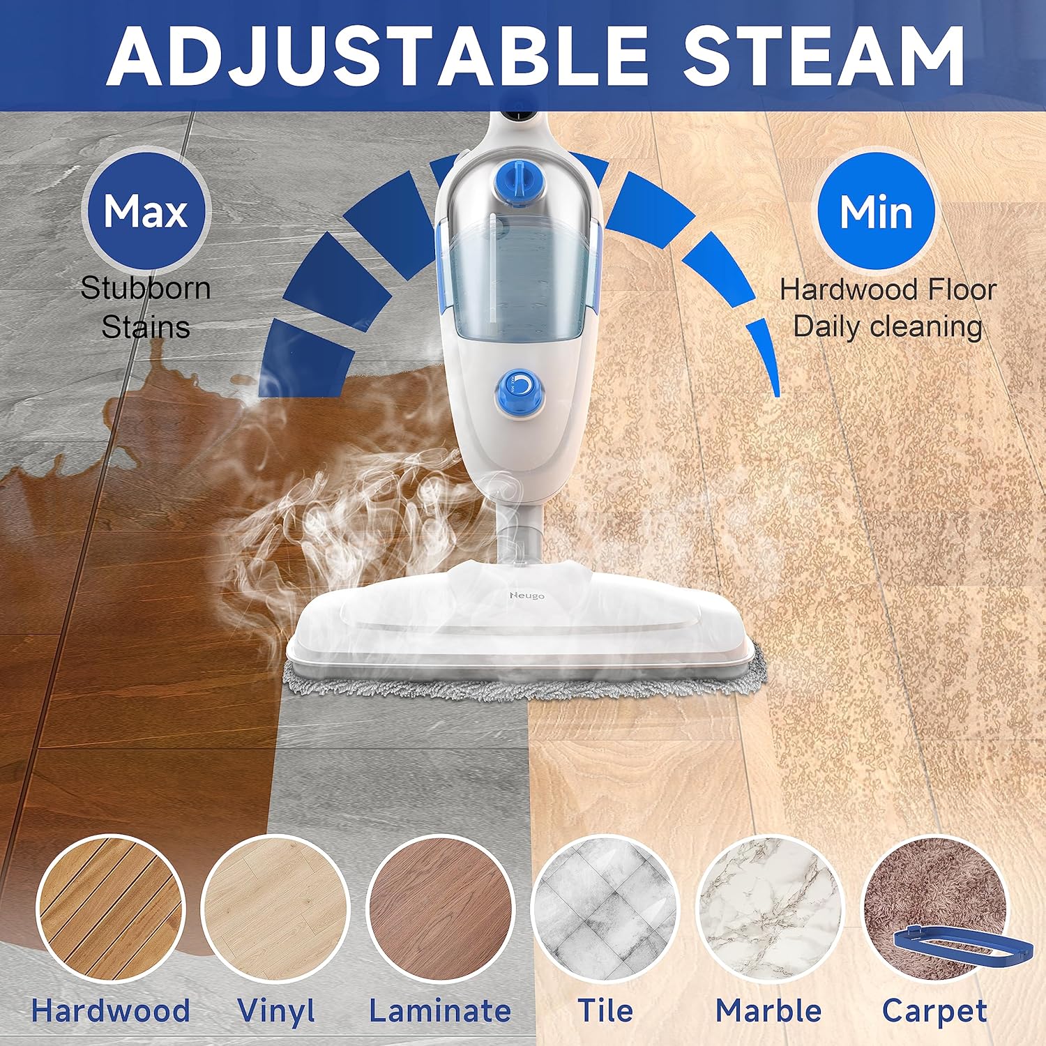 Neugo 1200W Steam Mop 23ft Cord 152oz Tank - Deep Clean