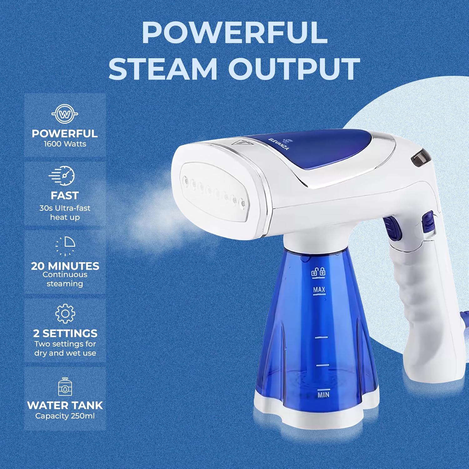 Elevanza Clothes Steamer 1600W Fast Wrinkle-Free Travel-Friendly
